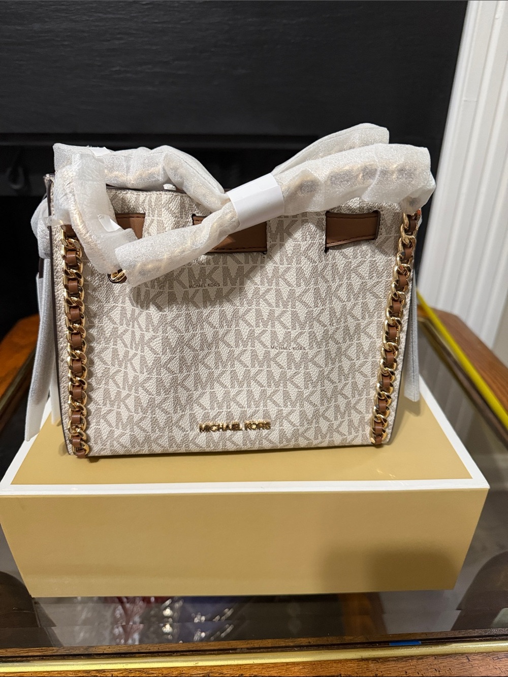 Michael Kors Vanilla Signature Monogram Tote with Gold Chain